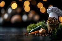 Cute brown bunny in chef hat with fresh vegetables and cooking ingredients against dark background with golden bokeh lights. Perfect for culinary themes.