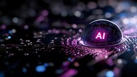 Glowing AI text reflected in water drop on circuit board with purple and blue bokeh lights creating futuristic technology concept background.