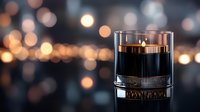 Glass of whiskey or bourbon on reflective surface with warm bokeh lights creating elegant evening atmosphere for luxury beverage advertising and hospitality.