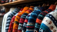 Colorful knitted winter sweaters with traditional Nordic patterns hanging on rack, featuring vibrant orange, blue, red and white geometric designs. Cozy seasonal clothing.