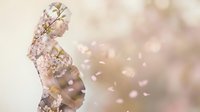 Young woman silhouette filled with delicate cherry blossoms and soft pink petals floating in dreamy bokeh light for spring wellness and beauty concepts.