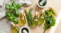 Natural herbal essential oils with fresh basil, rosemary and mint leaves arranged on wooden surface for aromatherapy and wellness treatments.