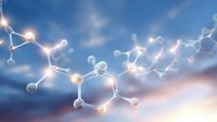 Glowing molecular structure against blue sky background with soft clouds, illustrating scientific research and chemical compounds in nature-inspired setting.