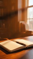 Open notebook with pen on wooden desk bathed in warm sunlight from window, creating golden hour ambiance. Blurred interior background suggests home office or study space for writing, planning, journaling, education.