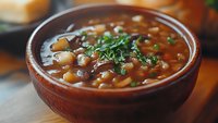 Hearty bean soup with vegetables and fresh herbs in rustic ceramic bowl, warm comfort food with rich broth garnished with chopped parsley.