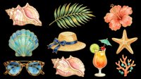 Watercolor summer beach clipart set with shells, tropical leaf, hibiscus, hat, sunglasses, cocktail, starfish, and coral, isolated on transparent background for stickers, T-shirts, print on demand.