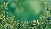 Botanical foliage frame with golden leaves and delicate flowers on emerald watercolor background, suitable for nature-themed designs and eco-friendly branding projects.