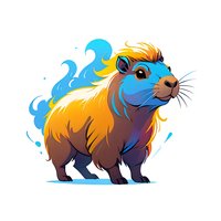 Stylized capybara character with vibrant blue and orange fur wearing sunglasses, featuring fantasy elements and dynamic color palette on white background.