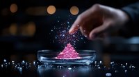 Pink glowing powder forming magical pyramid shape in glass dish with hand sprinkling sparkles, dark background with bokeh lights creates mystical atmosphere.