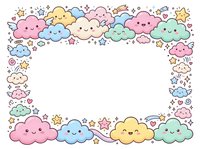 Cute kawaii clouds frame with stars and hearts in pastel colors, empty white space for text or design elements, childish cartoon style border.