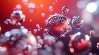 Abstract red liquid bubbles floating in water with bokeh light effects creating dynamic motion and depth for modern design backgrounds.