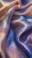 Flowing silk fabric with sparkling glitter effect in purple and gold tones creates magical ethereal waves and folds against dark background.