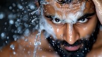 Young Middle Eastern man with water droplets splashing on face and intense gaze in dramatic close-up portrait showing freshness and skincare concept.