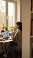 Woman in beige cardigan working at desk with laptop displaying analytics charts, sitting by bright window with potted plants, contemplative pose, home office environment.