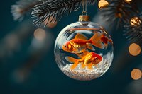 Goldfish swimming inside glass Christmas ball ornament with glitter, hanging on pine branch against dark background with bokeh lights and festive glow.