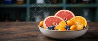 Fresh citrus fruits and blueberries in white bowl with molecular structure overlay on wooden table representing healthy nutrition and food science concepts.