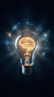 Glowing light bulb with brain filament surrounded by cosmic space and scientific symbols representing innovation, creativity and bright ideas.