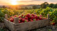 Fresh ripe strawberries in wooden crate at sunset farm field with golden light and mountain backdrop for organic agriculture and harvest concepts.