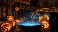 Witch's cauldron glowing with magical blue potion surrounded by carved pumpkins and mystical herbs in rustic cottage interior for Halloween celebrations.
