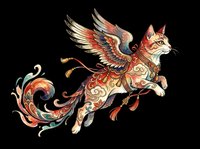 Ornate winged cat with decorative patterns and flowing tail, isolated on transparent background. Ready for t-shirt design, clipart, stickers, sublimation, and print-on-demand projects.