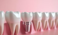 Dental implant with crown among natural teeth in human gum model showing modern dentistry restoration and prosthetic technology for oral health.