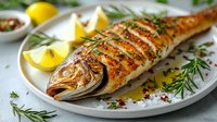 Grilled whole sea bass garnished with fresh herbs, lemon wedges and olive oil on white ceramic plate, close up view of Mediterranean cuisine.