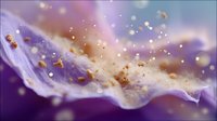 Ethereal macro photography of purple flower petal with golden water drops and bokeh light effects creating dreamy artistic nature composition.
