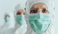 Healthcare workers in protective equipment with face masks and hazmat suits during pandemic or contamination emergency situation.