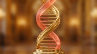 Golden DNA double helix with glowing red spiral strands on blurred warm background, representing genetic research, biotechnology, and molecular science for medical and educational use.