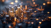 Glowing electronic circuit board macro with illuminated components creating futuristic cityscape illusion against dark background with bokeh light effects.