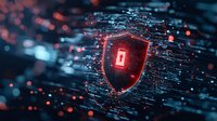 Digital shield with glowing red zero surrounded by data streams and particles in dark blue cybersecurity concept background, modern protection technology.