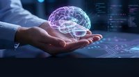 Businessman holding glowing digital brain hologram with neural networks over palm in modern tech environment for AI and machine learning concepts.