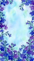 Watercolor floral border with blue and purple flowers on a soft teal background, forming a frame with copy space for text or design.