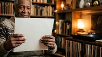 Senior African American man holding blank white paper in cozy home library with warm lighting, suitable for education, communication, and lifestyle concepts.