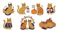 Cute cats in autumn and fall themed costumes and outfits, isolated on white background, ready for design use on merchandise and apparel.