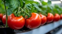 Fresh ripe red tomatoes growing on vine in modern greenhouse with hydroponic system, selective focus on foreground fruits against blurred background.