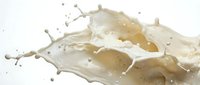 Dynamic milk splash with flowing droplets and creamy texture creating organic shapes against clean white background for dairy and beverage marketing.