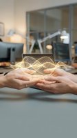 Hands holding glowing digital wave pattern in modern office workspace representing innovation technology data visualization and futuristic business concepts.