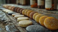 Row of colorful pharmaceutical pills and tablets arranged on wooden surface with medicine bottles in background, showcasing variety of medications.