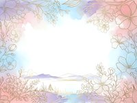 Delicate floral frame with pastel gradient background featuring hand-drawn botanical elements and soft rainbow colors for spring design projects.