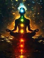 Silhouette of person meditating with glowing chakras and energy aura against cosmic background for spiritual wellness and mindfulness concepts.
