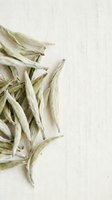 Dried white tea leaves arranged on neutral linen background, suitable for herbal beverage packaging, wellness product design, and culinary publications.