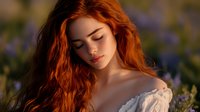 Young redhead woman with flowing hair in white off-shoulder dress standing in purple flower field during golden hour sunset light for romantic lifestyle photography.
