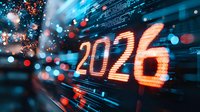 Glowing orange 2026 numbers against futuristic digital background with blue light trails and bokeh effects, representing technology advancement and future vision.