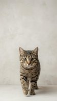 Adorable tabby kitten walking forward with bright eyes and striped fur pattern against neutral background for pet photography and animal content.