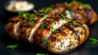 Juicy grilled chicken breast with charred grill marks, sliced and garnished with fresh herbs and spices on dark background, close up view of meat dish.