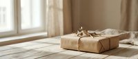 Kraft paper wrapped gift box with dried flower decoration on rustic wooden table, soft natural light, minimalist cozy home interior.