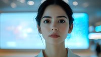 Young Asian woman with natural makeup and elegant updo hairstyle in modern office environment with soft blue lighting and blurred background.