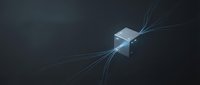Glowing cube with digital light rays connecting on dark background, representing data transfer, network connectivity, and technology infrastructure for web design and digital communications.