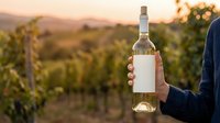 Person holding white wine bottle with blank label in vineyard at sunset, showcasing wine production and harvest season for beverage marketing and winery promotions.